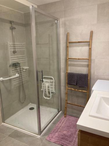 a shower with a glass door in a bathroom at Ferme Hôtel Boulage in Marquefave