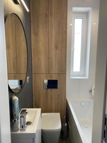 een badkamer met een toilet, een wastafel en een spiegel bij Dekerta 8-3 in Toruń