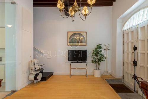 un soggiorno con TV e lampadario pendente di FULL HOUSE NEAR CATHEDRAL AND REAL MAESTRANZA by Antonia Diaz street a Siviglia