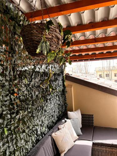a green wall with a couch in front of it at Bon Bon del Corso con terrazzo e aria condizionata in Asti