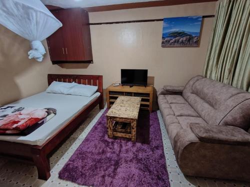 a room with a couch and a bed and a tv at Ella's Haven in Nairobi