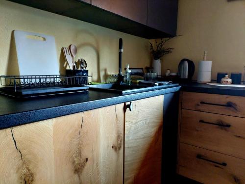 a kitchen with a sink and a counter top at Górska Przygoda in Koniaków