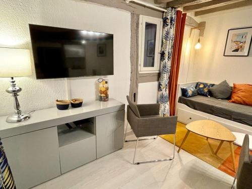 un salon avec une télévision et un canapé dans l'établissement Le 1732, Rouen coeur d'histoire, Duplex au calme, à Rouen