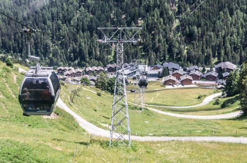 a gondola ride up a hill in a village at Hôtel Alpina - Swiss Ski & Bike Lodge Grimentz in Grimentz