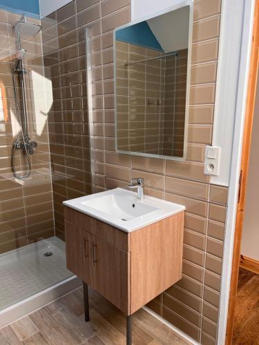 y baño con lavabo y ducha. en Gites in Le Neufbourg -Mortain en Le Neufbourg
