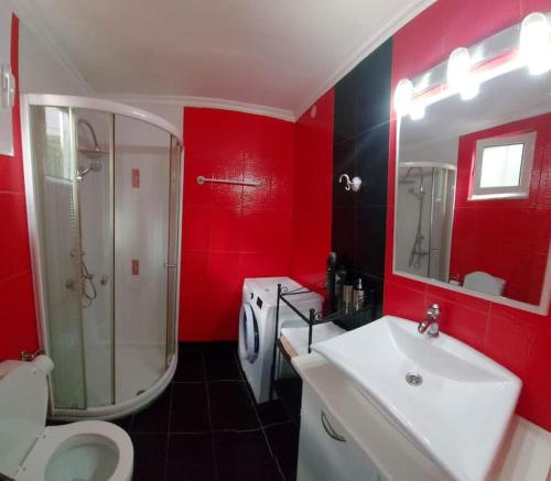 a red bathroom with a toilet sink and a shower at City Loft in Sparta