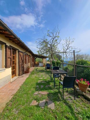 eine Terrasse mit Stühlen und einem Tisch im Gras in der Unterkunft Agriturismo Fontevecchia in Vetulonia