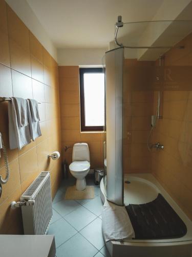 a bathroom with a shower and a toilet and a tub at Hotel Residenz in Suceava
