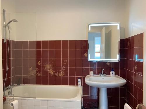 bagno con lavandino, vasca e specchio di Appartement entier en résidence centre ville a Vendôme