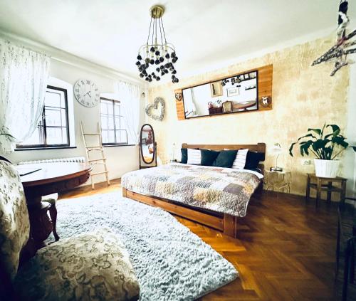 チェスキー・クルムロフにあるKristínkaのベッドルーム1室(ベッド1台、壁掛け鏡付)