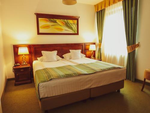 a bedroom with a bed with two lamps and a window at Hotel Residenz in Suceava