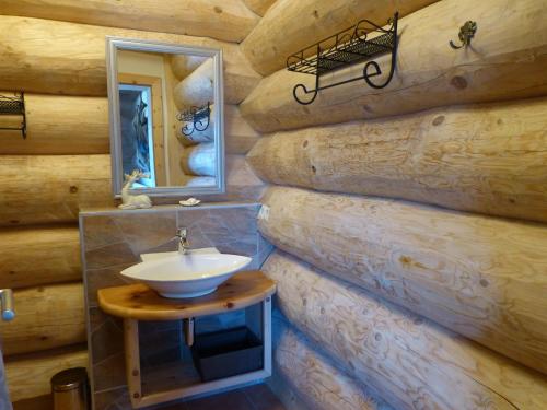 ein Badezimmer mit einem Waschbecken in einer Holzwand in der Unterkunft Holzberghof in Umhausen