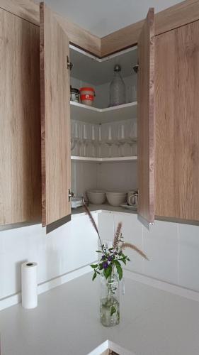 a vase of flowers on a counter in a kitchen at La Terraza del Gallopedro in Vera