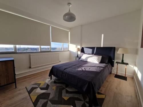 a bedroom with a bed and two windows at Newly renovated apartment! in London