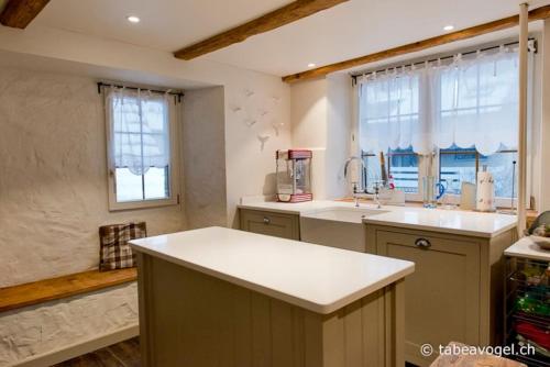 a kitchen with a counter and a sink and a window at Luxury stay in 250 year old wine farm house and gardens in Rüschlikon