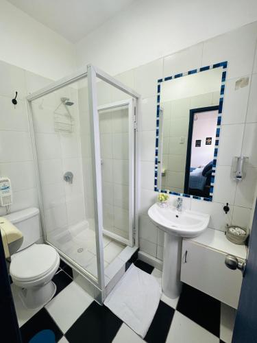 a bathroom with a shower and a toilet and a sink at MAKTVB Europa - Hostal Boutique in Santiago