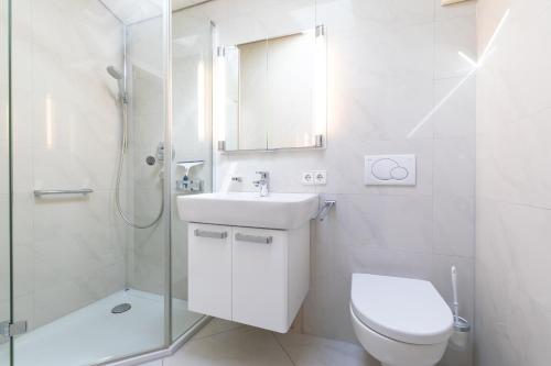 La salle de bains est pourvue de toilettes, d'un lavabo et d'une douche. dans l'établissement Ferienwohnpark Immenstaad am Bodensee Satteldachhaus Typ 9 SD 65, à Immenstaad am Bodensee