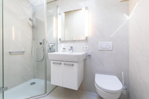 a bathroom with a toilet and a sink and a shower at Ferienwohnpark Immenstaad am Bodensee Satteldachhaus Typ 9 SD 65 in Immenstaad am Bodensee