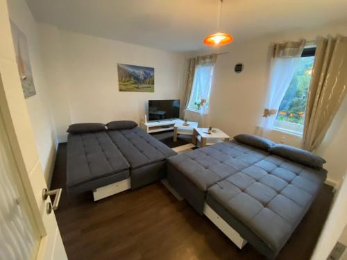 Sala de estar con 2 camas y TV en Ferienwohnung Pension Sofia en Meißen
