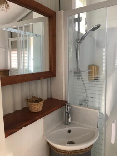 ein Bad mit einem Waschbecken, einer Dusche und einem Spiegel in der Unterkunft Bungalow: La Favéla Chic/The Chic Favela - Trois-Rivières in Trois-Rivières