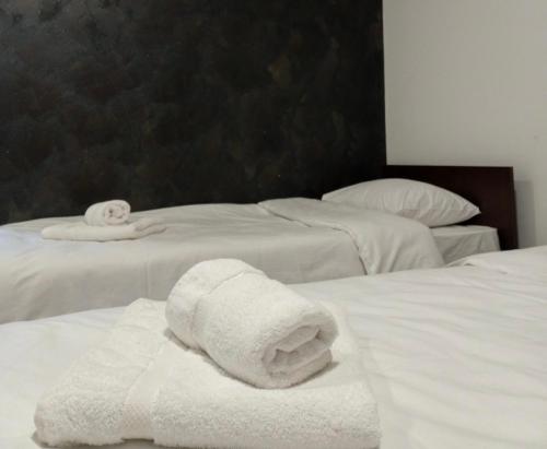 2 Betten mit weißen Handtüchern darüber in der Unterkunft Apartmani Bosfor in Niška Banja