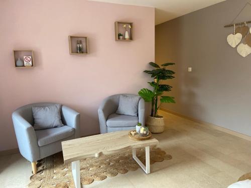 a living room with two chairs and a table at Au fil de l’Ô in Bisseuil