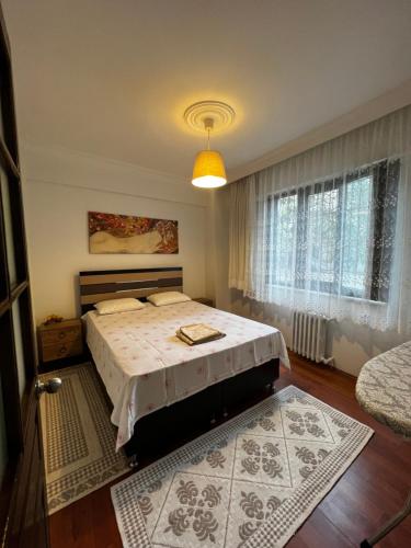 ein Schlafzimmer mit einem Bett und einem großen Fenster in der Unterkunft Cozy Apartment in Kadikoy in Istanbul