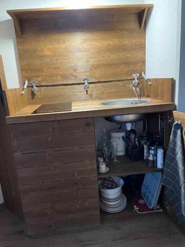 a bathroom with a sink and a wooden vanity at La Goille Morgex in Morgex