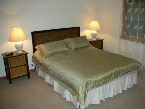 a bedroom with a bed with two lamps on tables at Cedar Cottages Blackmans Bay in Kingston