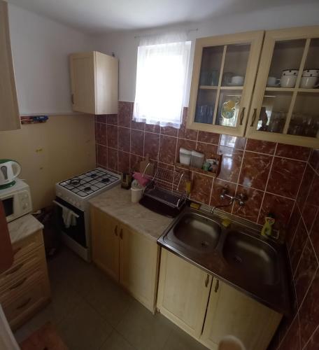 a small kitchen with a sink and a stove at Barázda Apartman in Berekfürdő