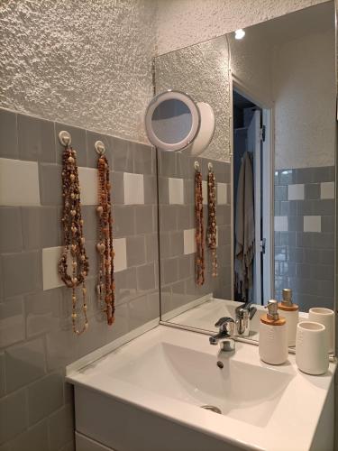 une salle de bain avec un lavabo et un miroir dans l'établissement Charmant Appartement Bord de mer, à Argelès-sur-Mer