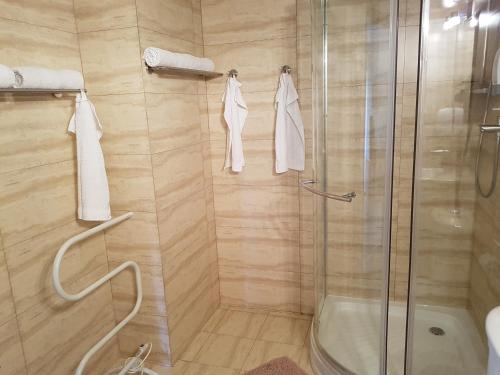a bathroom with a shower with a glass door at Villa VIP Jurata in Jurata
