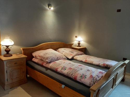 1 dormitorio con 2 camas y 2 lámparas en las mesas en Guesthouse Lula 2, en Tepelenë