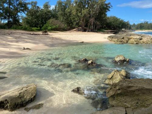 a beach with rocks in the water at Tropical Getaway perfect for families in Kahuku