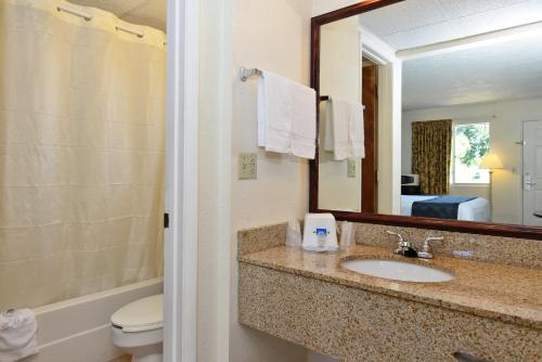 a bathroom with a sink and a toilet and a mirror at Americas Best Value Inn Bradenton-Sarasota in Bradenton