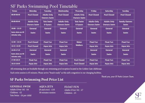 a purple chart of the st darts swimming pool timetable at Whitehouse Leisure Park North wales 6 birth caravan in Kinmel Bay