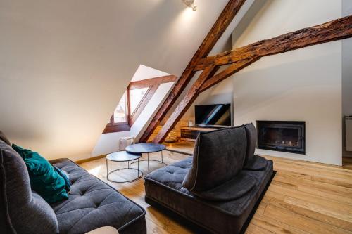 un salon avec un canapé et une cheminée dans l'établissement Le SeptQatre - Grand triplex au cœur de la Vieille Ville, à Annecy