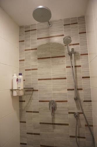 a bathroom with a shower with a tile wall at Seaview Duplex Sunrise Gurney 2BR 一级棒海景の楼中楼 in George Town