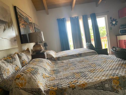 a bedroom with two beds with blue curtains at Nice Studio w/ AC near Kehena Beach and lava fields in Kehena