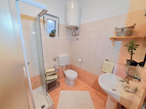 uma casa de banho com um WC, um lavatório e um chuveiro em Rooms Irena Gregov em Mošćenička Draga