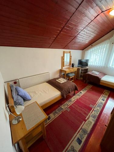 a bedroom with a bed and a desk and a television at Guest House Luxotel in Zrenjanin