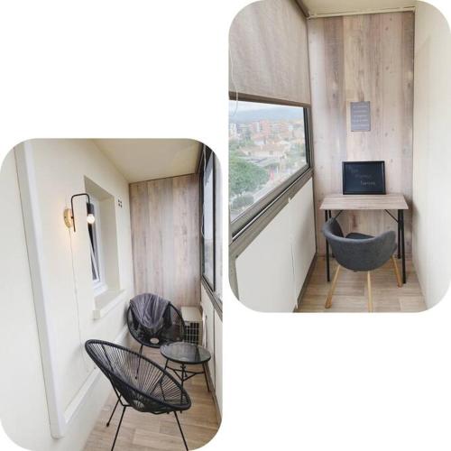 Cette petite chambre comprend une table, des chaises et un ordinateur portable. dans l'établissement Cosy T2 Aperçu Mer Clim Wifi 2étoiles, à Fréjus