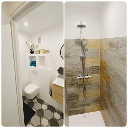 - deux photos d'une salle de bains avec douche et toilettes dans l'établissement Cosy T2 Aperçu Mer Clim Wifi 2étoiles, à Fréjus