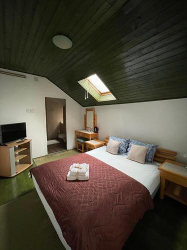 1 dormitorio con 1 cama grande con manta roja en Guest House Luxotel, en Zrenjanin