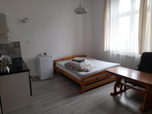Schlafzimmer mit einem Bett, einem Tisch und einem Fenster in der Unterkunft Studio Ali 1 in Sosnowiec