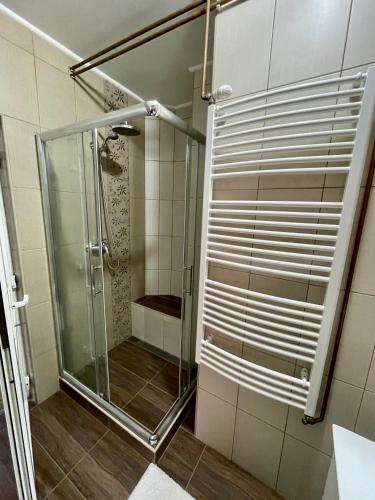 a shower with a glass door in a bathroom at Guest House Luxotel in Zrenjanin