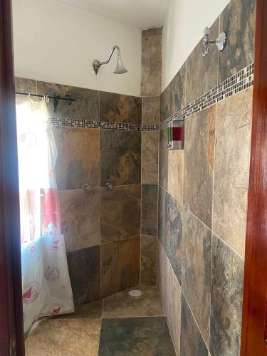 a bathroom with a shower with a stone wall at EL GRAN TORIL in Taxco de Alarcón