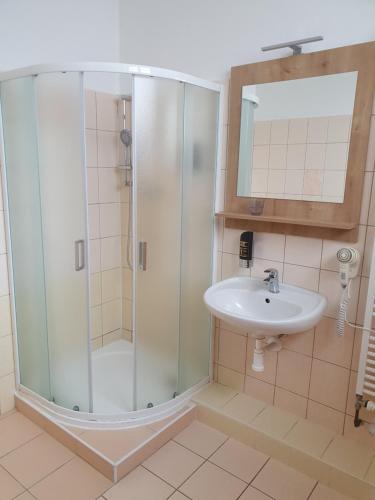 a bathroom with a shower and a sink at Pension U Tří sedláků in České Budějovice
