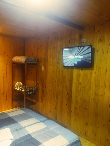Cette chambre dispose d'une télévision sur un mur en bois. dans l'établissement Bom Jardim Pousada, à Bom Jardim da Serra