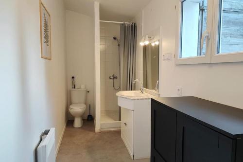 Bel appartement face Citadelle في بلايي: حمام أبيض مع حوض ومرحاض